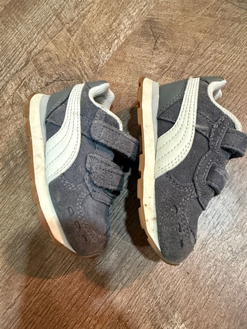 Kids PUMA Gray Suede Sneakers with White Stripe